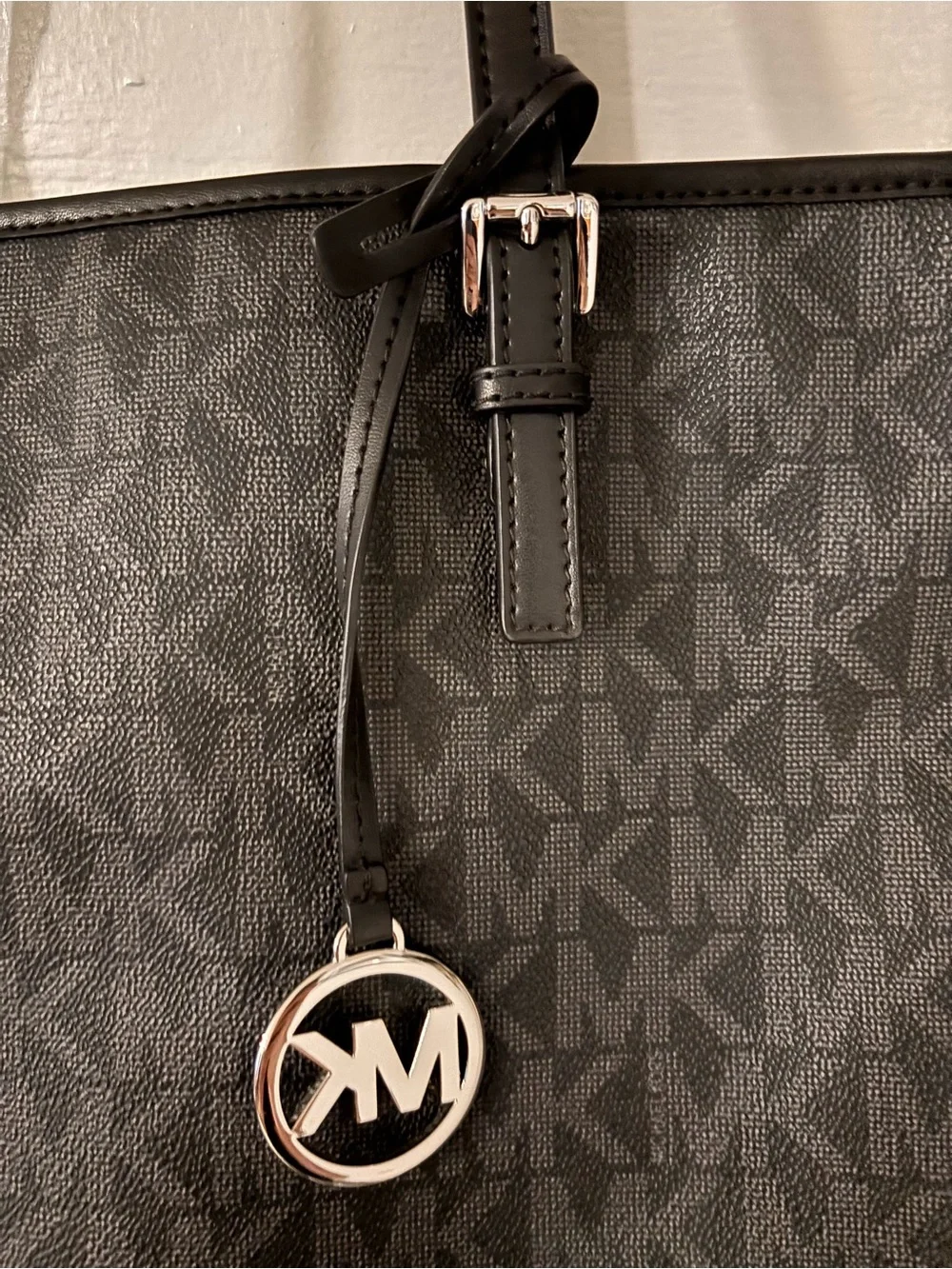 Michael Kors Black MK Monogram Tote with Silver Accent Charm